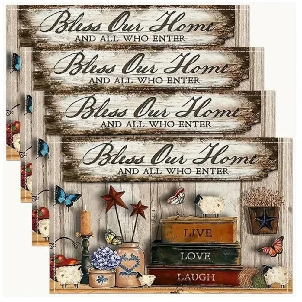 Set of 4 Placemats 12x18in Woven Polyester Thin Bless our Home